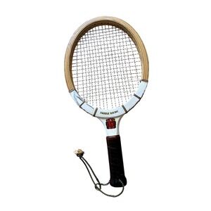 Vintage 40s Wooden Paddle Racket Tennis Racquet Leather Grip Primitive Decor